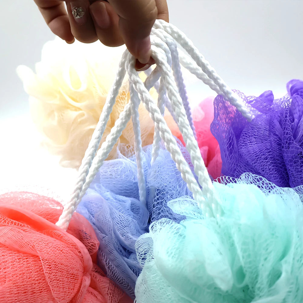 50g PE Shower Bath Sponge Mesh Pouf Body Scrubber Exfoliating Loofah Ball for Women Men Spa Skin Cleaning Hanging Rope