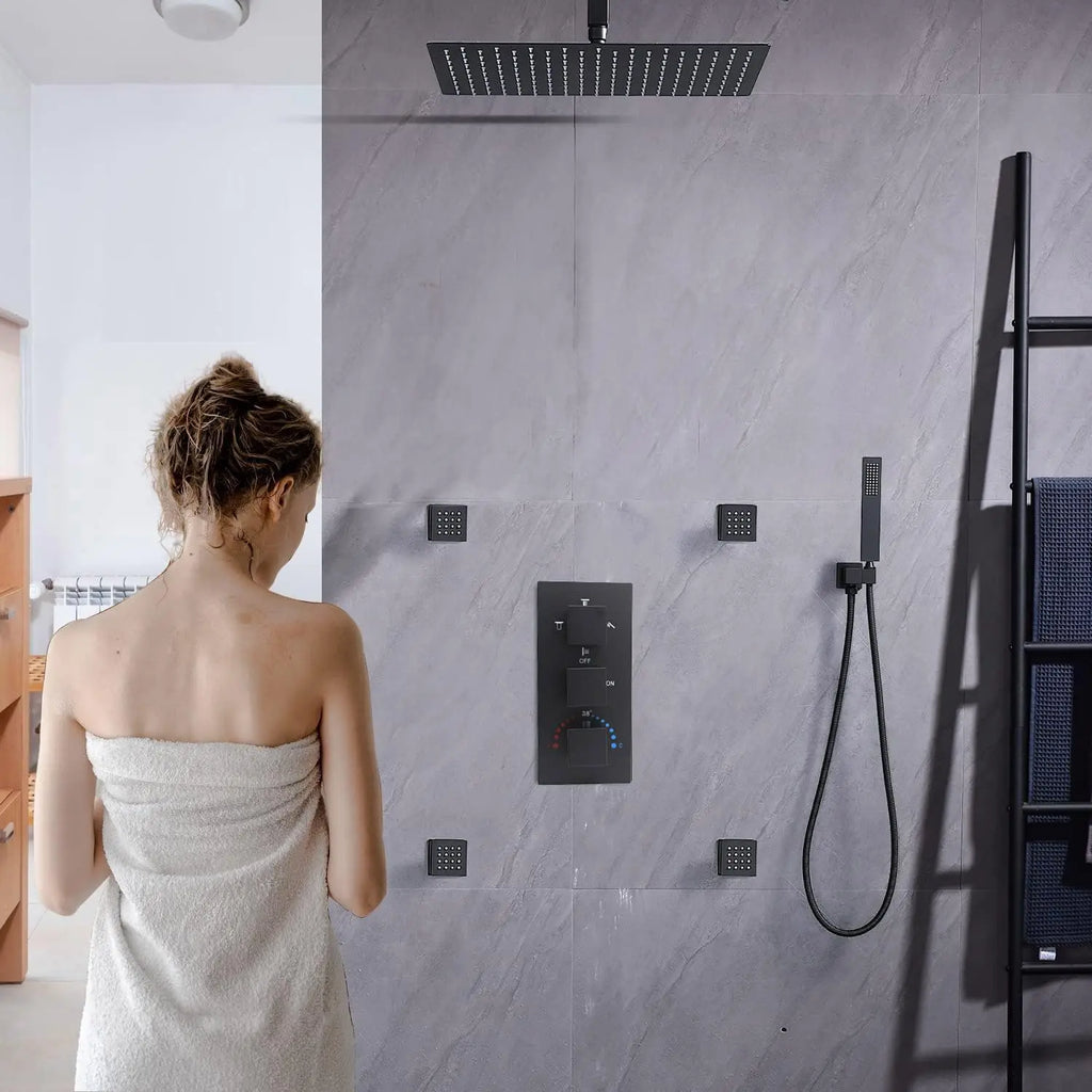 Luxury Matte Black Thermostatic Shower System Set, 12" Rainfall Shower Head with 4 Body Jets and Handheld Spray