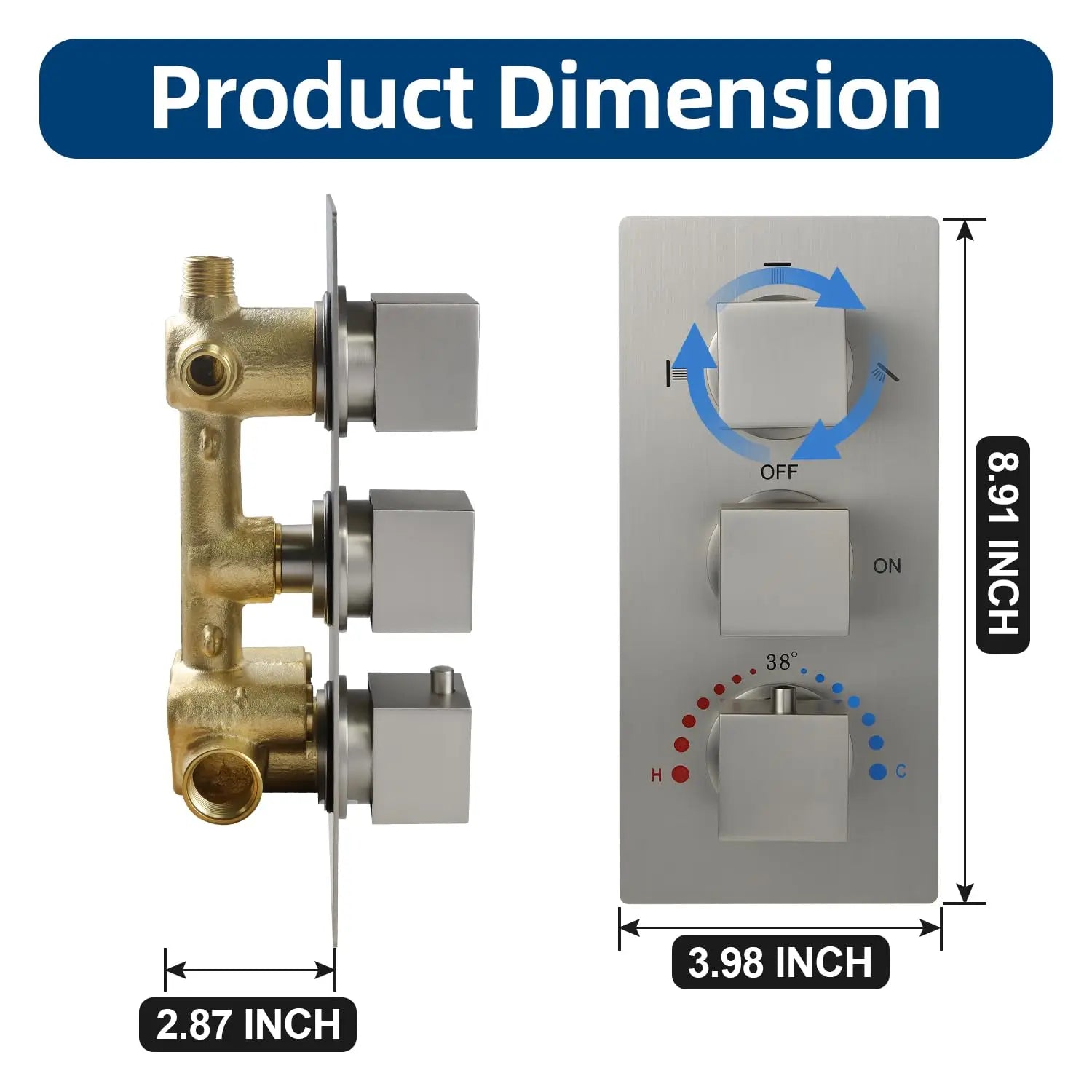 For Brass Bathroom Shower Mixing Valve Triple Handle 3-Way Thermostatic Water Diverter Temperature Control Brushed Rain