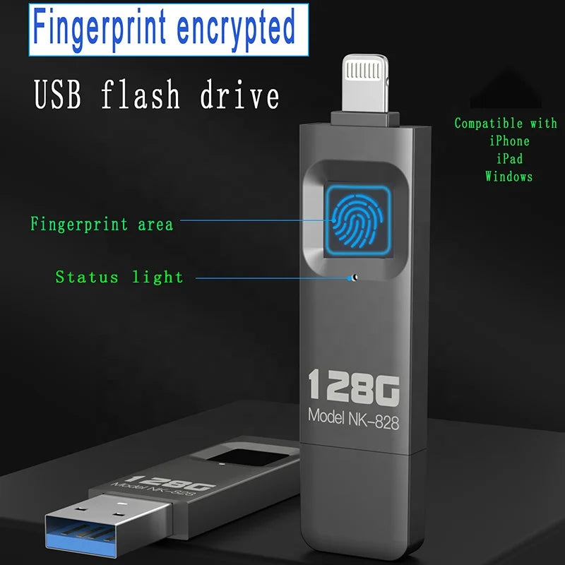 2 in 1 Fingerprint Encrypted USB Flash Drive 64GB 128GB 256GB 512GB Pen Drive Fingerprint for iPhone iPad Windows