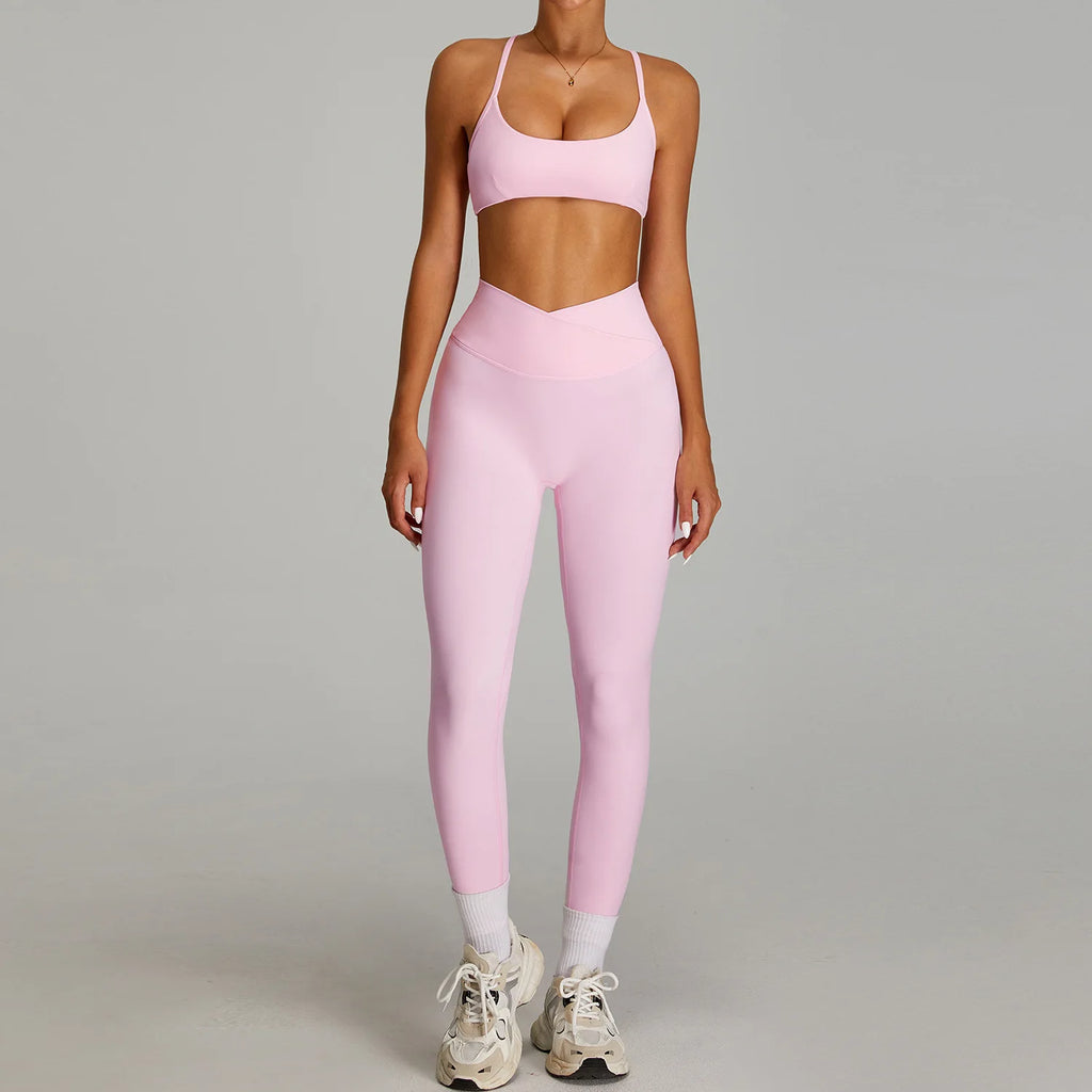 Women Cross Waist Naked Feel Yoga Set High Waist Tight Quick Dry Fitness Suit Outdoor Running Sports Tracksuit