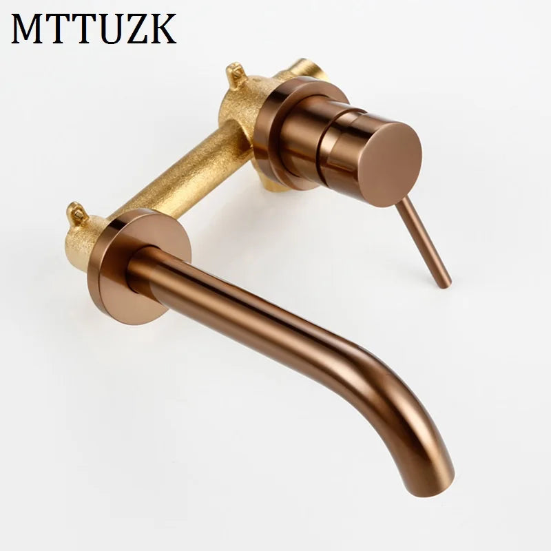 Wall Mounted Spout Basin Faucet Solid Brass Brushed Rose Gold Bathroom Bathtub Shower Mixer For Lavatory Sink Brushed gold Taps