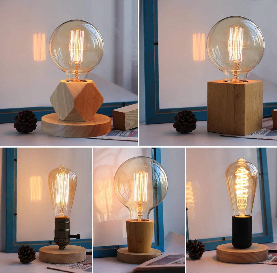 Modern Wood Table Lamps E27 Retro Desk Decora Light Indoor Art Lamp Living Room Bedroom Bedside Decoration Light Base EU Plug