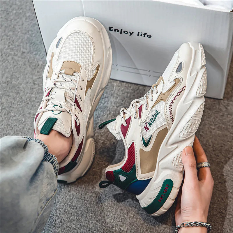 Chunky Shoes Men Spring Mesh Lace-Up Sporty Toe Mixed Colors Breathable Rubber Outsole Silkscreen Logo White Yellow Blue Orange