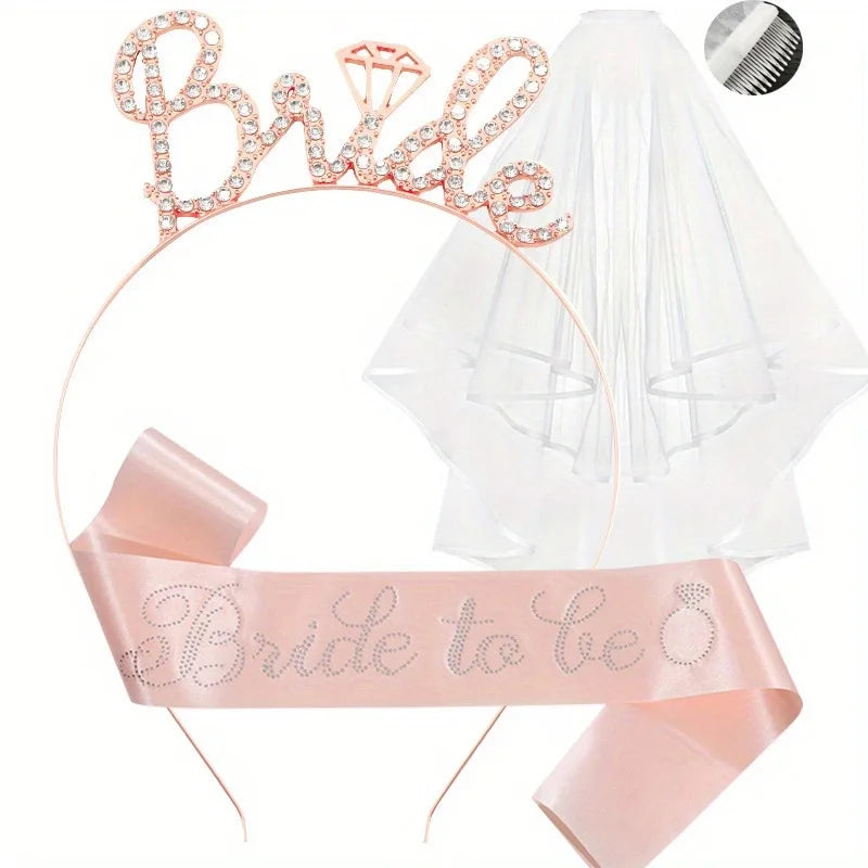 3-piece Set Bride to Be Crown Headband Shoulder Strap Wedding Veil Set for Bridal Shower WB007