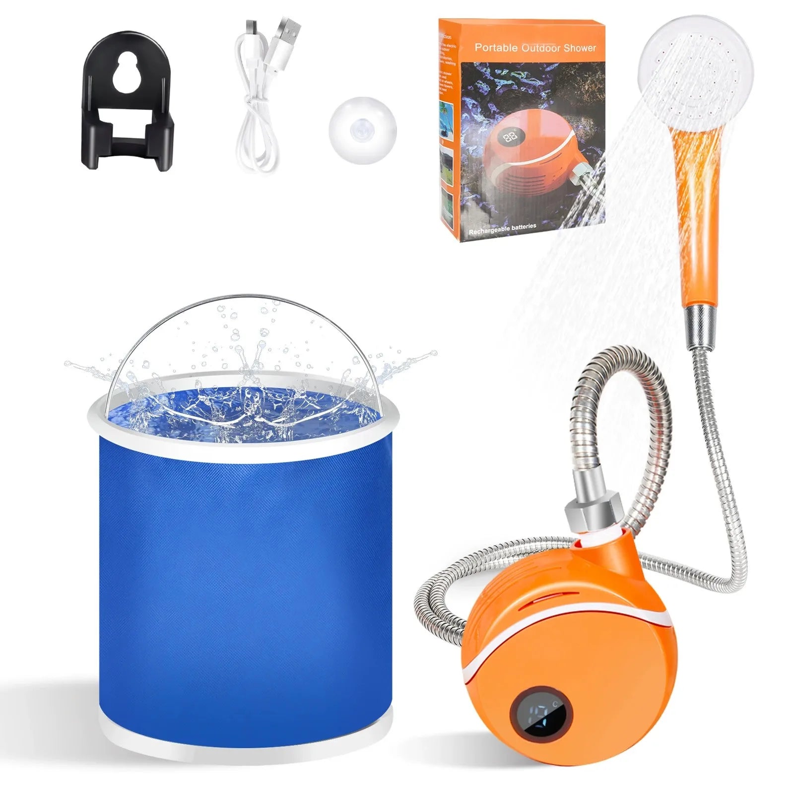 Portable ABS Material Camping Shower Indoor Outdoor Rechargeable Electric Shower Pump Kit Temperature Display Hiking Car Pet