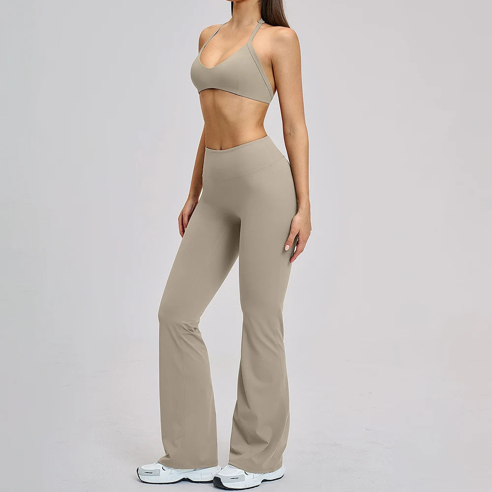 CIYING Wholesale Backless Yoga Halter Neck Sports Bra and Flare Leggings Set Custom Logo Brushed Gym Soft Breathable Yoga Set