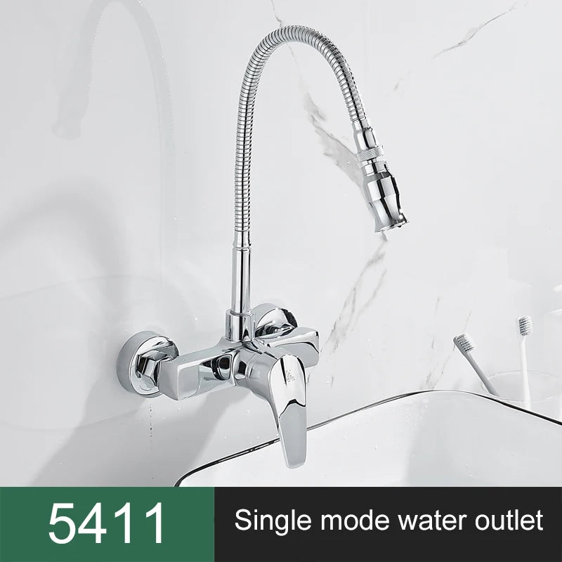 ELLEN Wall Mount Kitchen Sink Faucet Hot Cold Sink Water Mixer Tap 2 Holes Black Faucets 360 Degree Swivel ELK5400