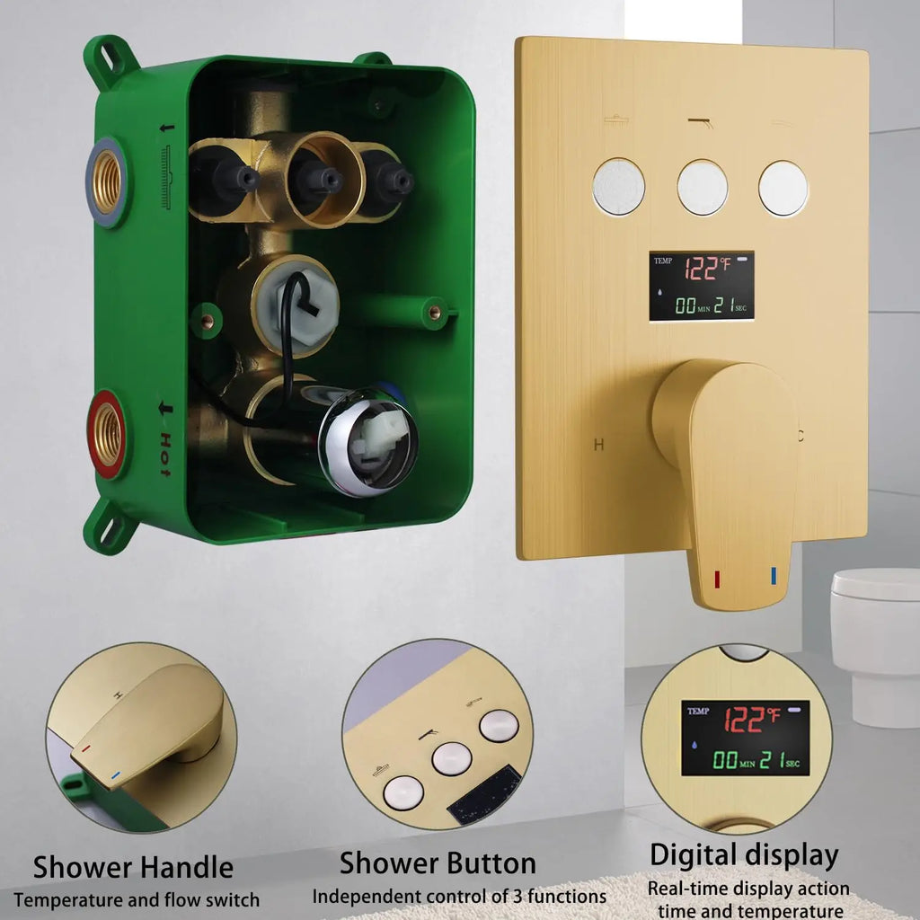 HONGDEC 3 Function  Rainfall Shower System Brushed Gold Bathroom Shower System Bathroom Shower Set