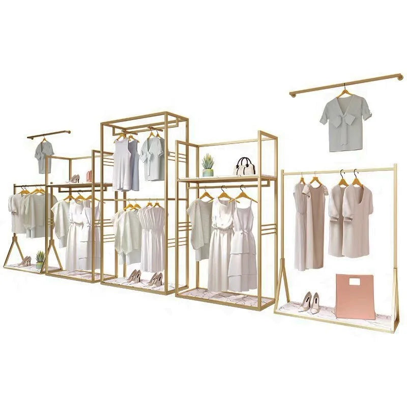 Wholesale Boutique Clothing Stand Golden Stainless Steel Clothing Shelving Rack Luxury Clothing Wall Racks for Garment Shop