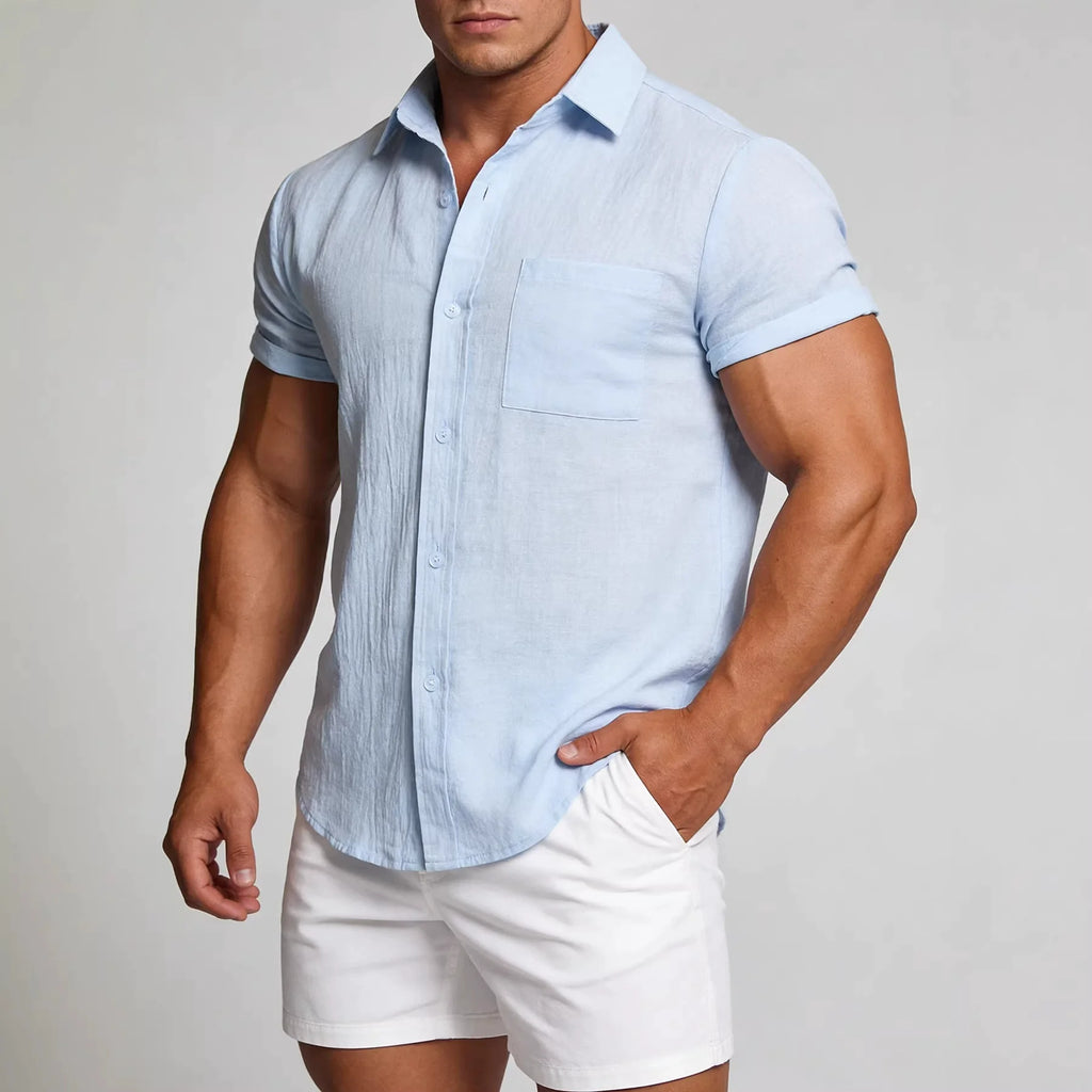 2026 Men Summer Short Sleeve Button up Shirts Soft Comfort Lightweight Fabric for Outdoor Travel Vacation Casual Daily Wear