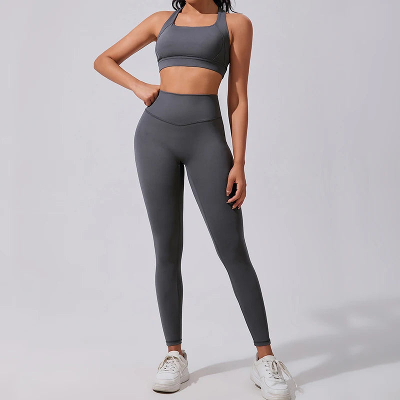 Workout Yoga 2-Piece Set Solid Eco-Friendly Spandex/Nylon Quick Dry Sports Bra High-Waisted Tummy Control Leggings for Women Gym