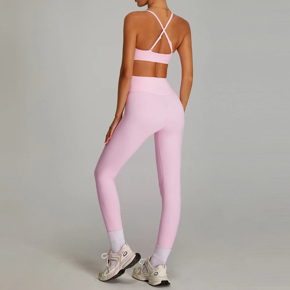 High Quality 2 Piece Cross V-shaped Waist Leggings Women Activewear Fitness & Yoga Wear Sports Bra Gym Fitness Sets