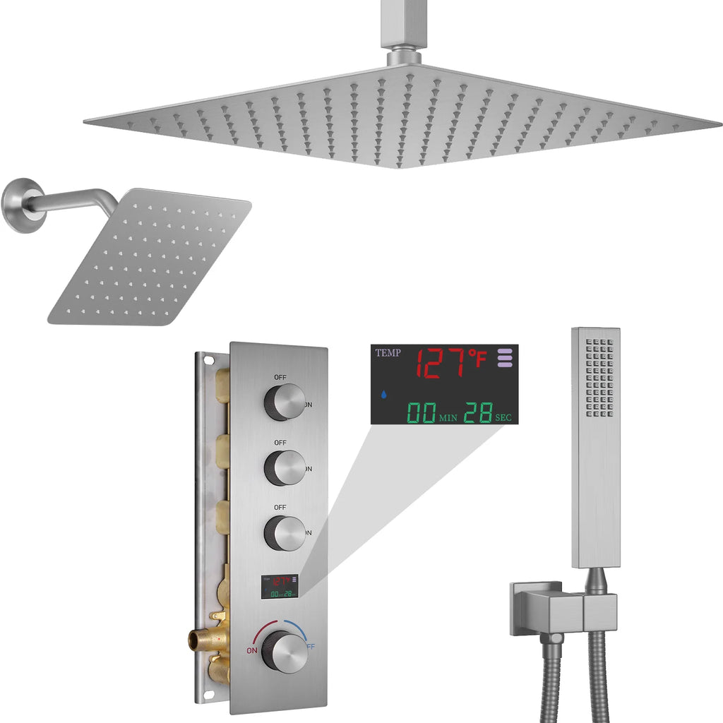 3 Functions Digital Display Thermostatic Shower System Brushed Nickel Brass Shower Set Rainfall Shower Faucet Set with Body Jets