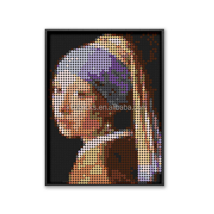 48x64 Studs 1*1 Round Tile or 1*1 Plate  Girl with a Pearl Earring Pixel Art Set  Decorative DIY Mosaic Art 20" Framed Art