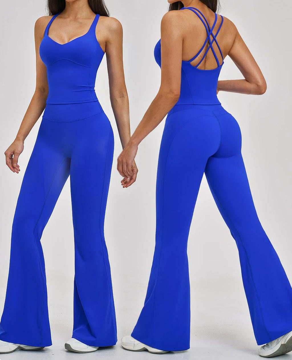 Custom Logo Flare Yoga Pants Set 2 Piece Activewear Set Fashion Gym Fitness Clothing Halter Yoga Set Crossed Back