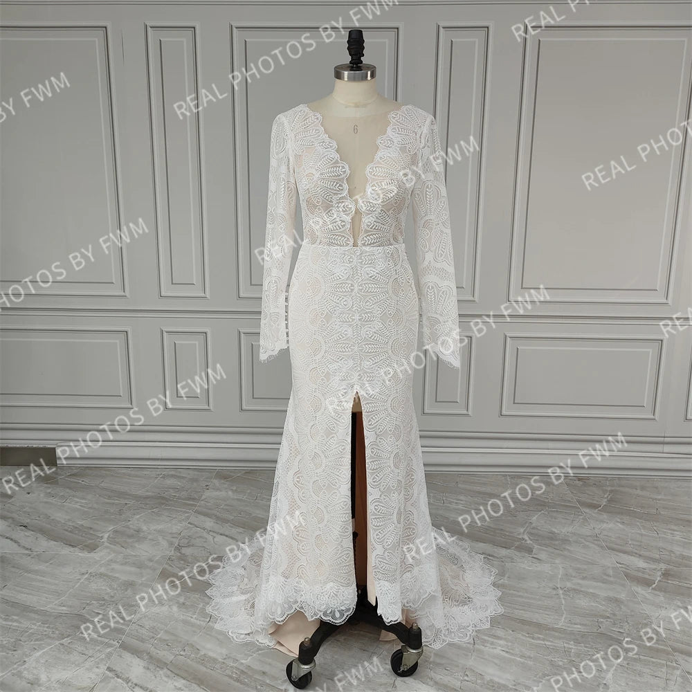 12476# Real Photo Front Slit V-neck Lace Wedding Dress Sweep Train Backless Mermaid Bride Gown for Women Bohemia