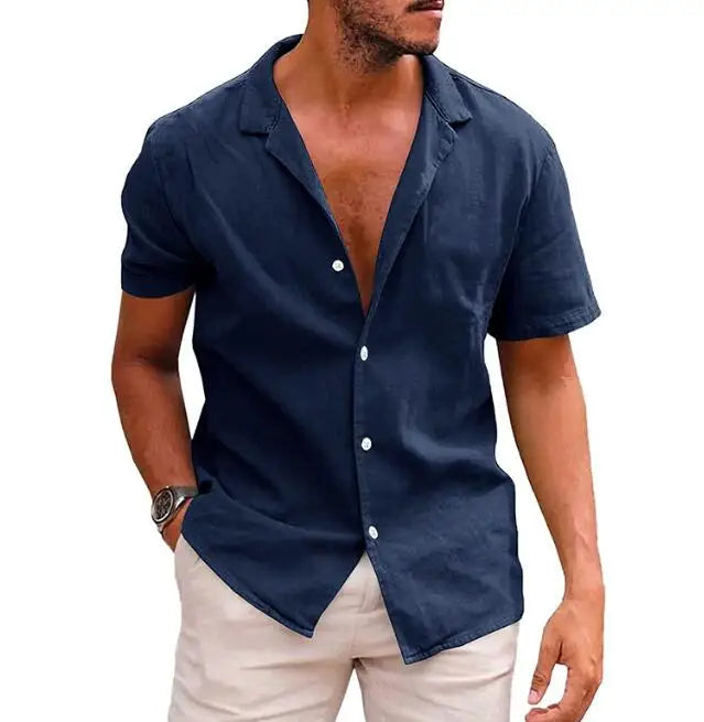 Summer Oversized Men's Short Sleeved Shirts Loose Fit Solid Color Button Cardigan Cotton Linen Shirt