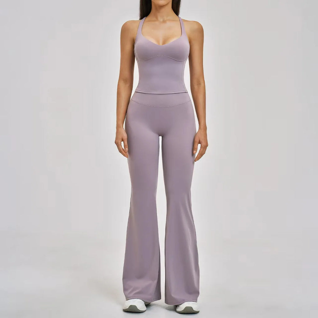 Four Way Stretch 2-Piece Yoga Set V Neck Yoga Tank Top Crisscross Back Slim Fit High Waist Flared Yoga Pants Gym Running Outfit