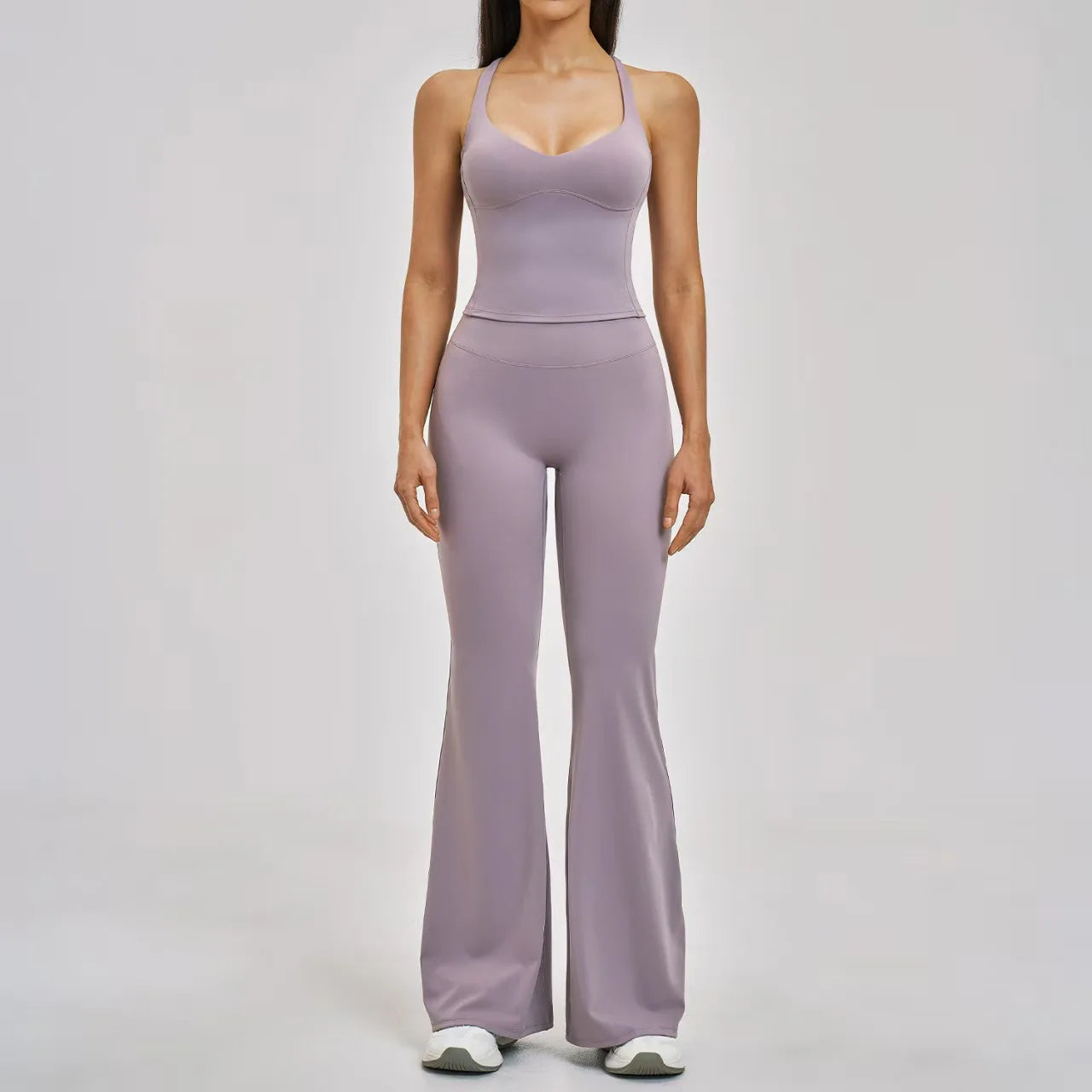 Four Way Stretch 2-Piece Yoga Set V Neck Yoga Tank Top Crisscross Back Slim Fit High Waist Flared Yoga Pants Gym Running Outfit