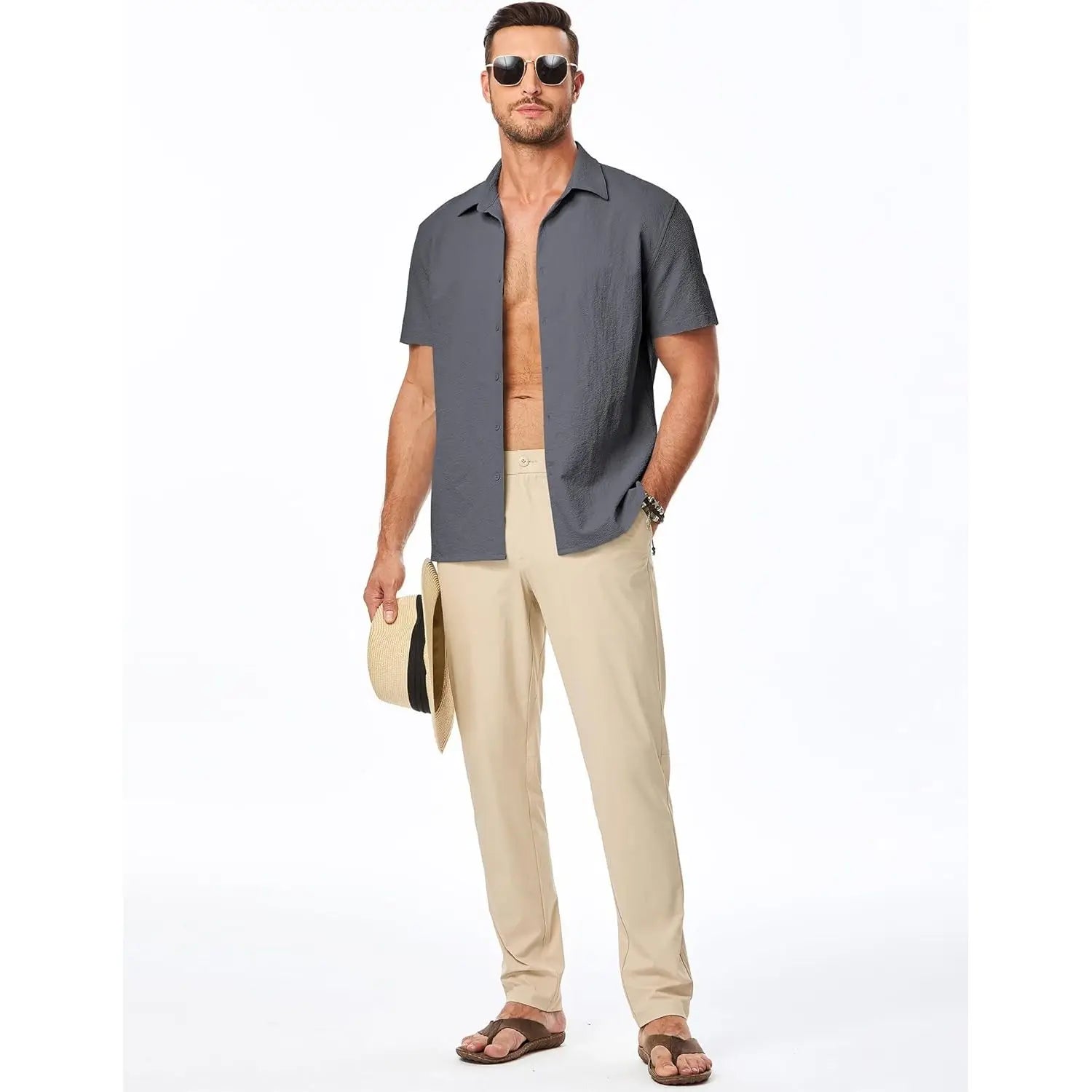 Custom Men's Slim Fit Seersucker Shirts Casual Short Sleeve Button Tuxedo for Beach Summer Vacation Wedding Tops Woven Fabric
