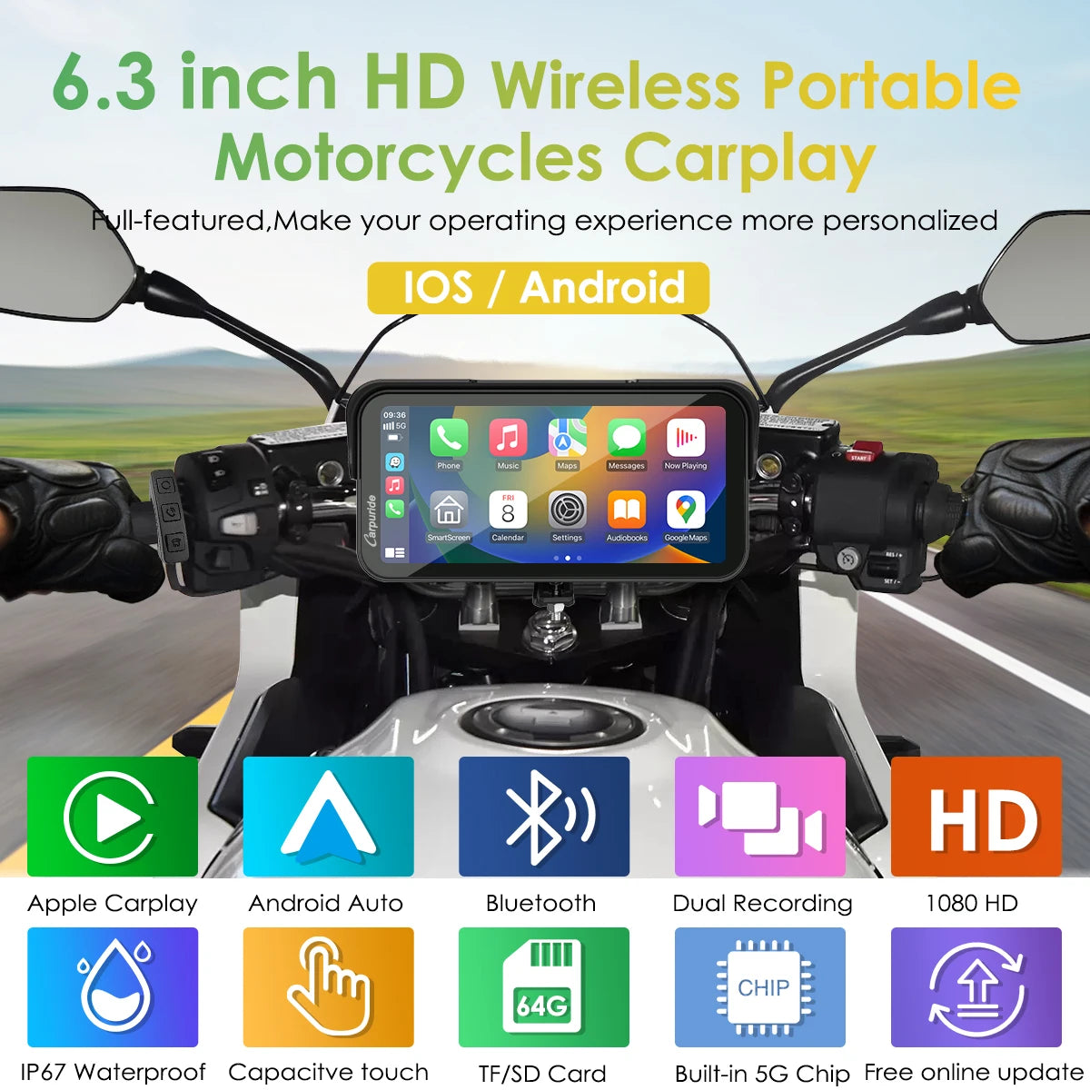 Carpuride W603D+TPMS Portable Touch Screen Dashboard Motorcycle GPS Navigation IP67 Waterproof Wireless Carplay CD Player