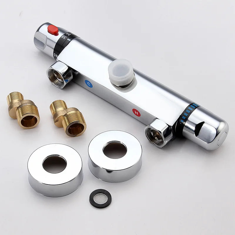 Brass Thermostatic Mixing Valve & Shower Faucet with Chrome Finish Dual Handle Soft/Rain Spray for Electric/Solar Water Heaters