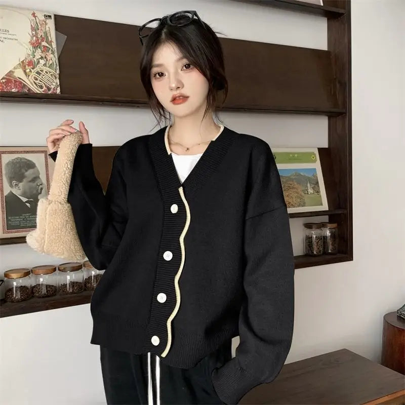 Hot Sale Fashion Lady v Neck Custom Fit Weaving Side Plus Size Women Sweater Coat
