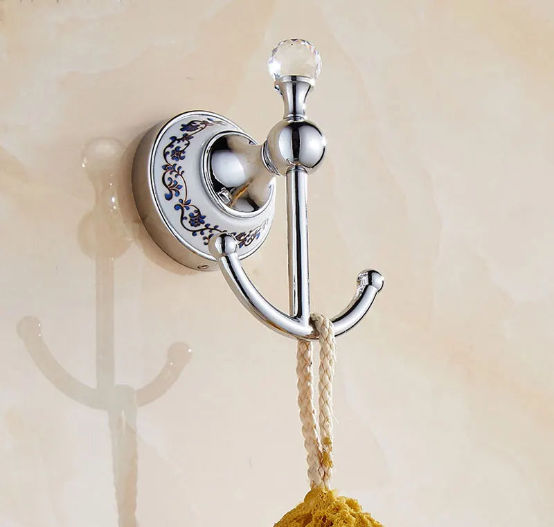 European Antique Blue and White Porcelain Chrome Finish Bathroom Hardware Set Silver&Crystal Towel Rack Bar Hook Basket Rack 5