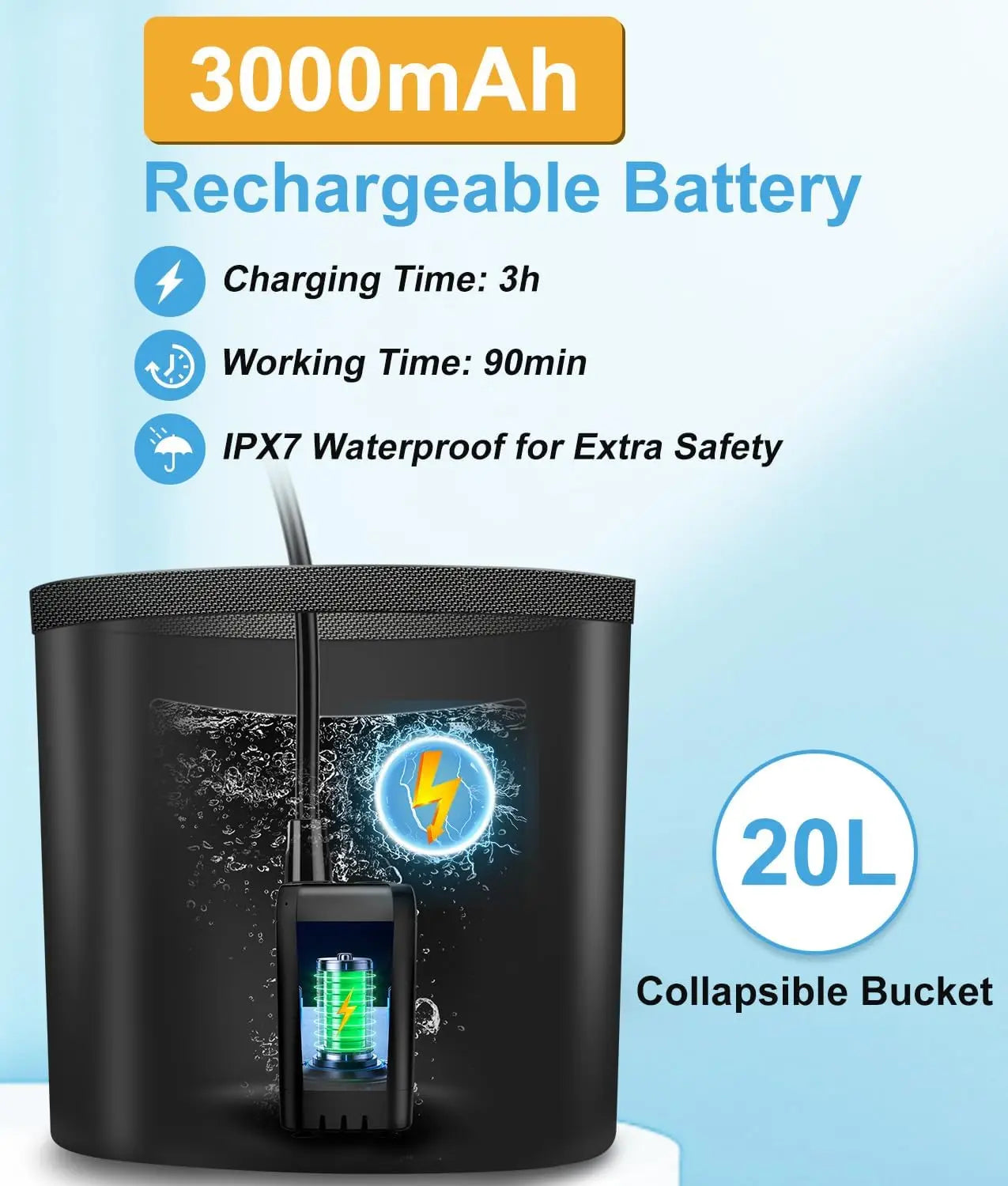 Portable Shower for Camping Outdoor Electric Shower Rechargeable Pump with 20L Collapsible Bucket