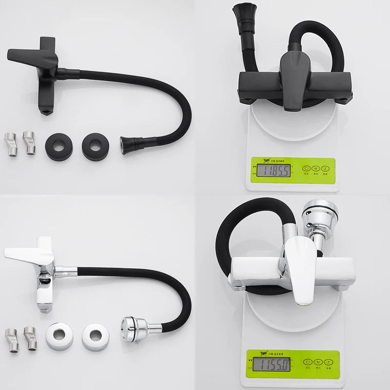 ELLEN Wall Mount Kitchen Sink Faucet Hot Cold Sink Water Mixer Tap 2 Holes Black Faucets 360 Degree Swivel ELK5400