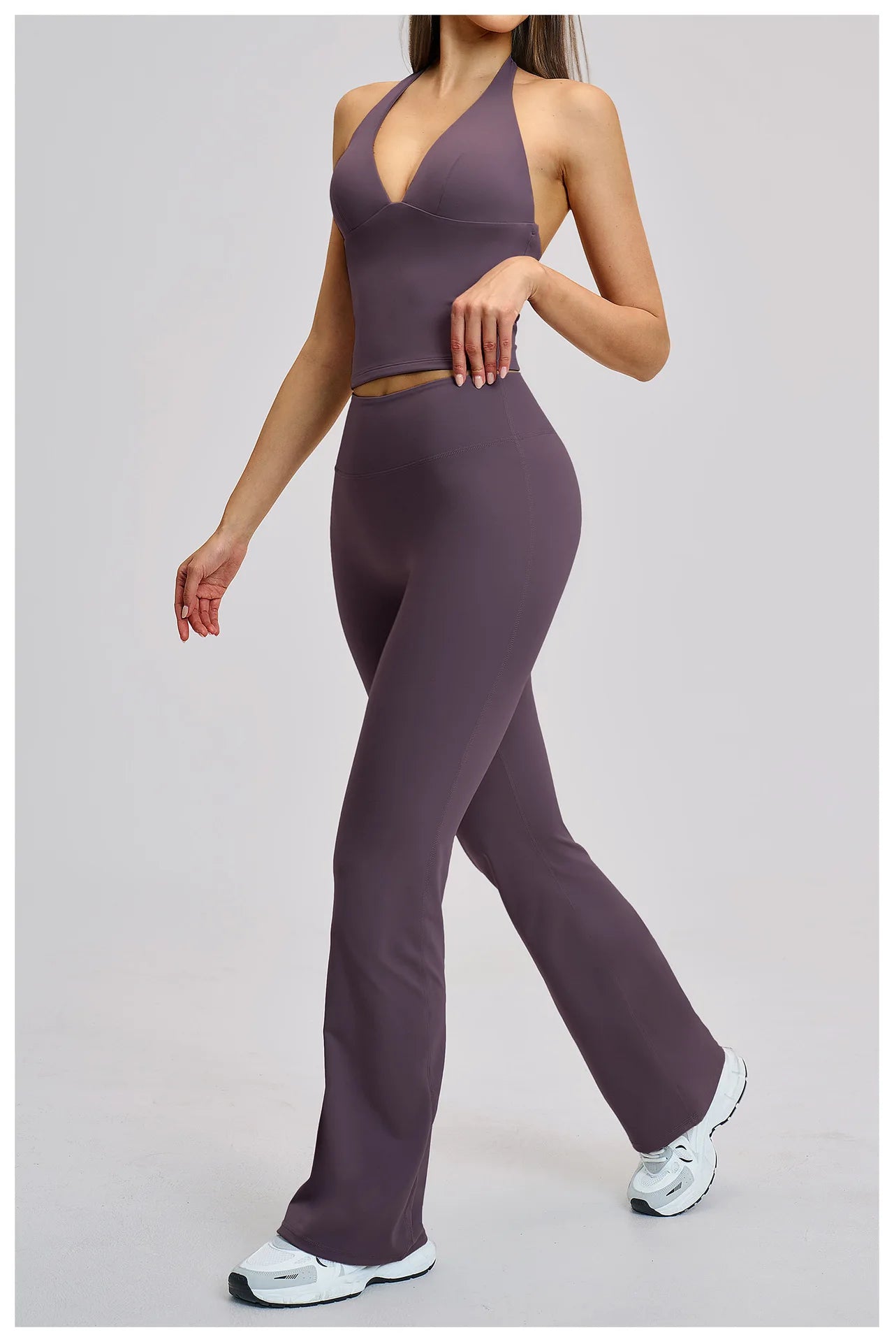 Women's Halter Backless Brushed Flare Yoga Set High Waist Flared Pants Workout Running Outfit