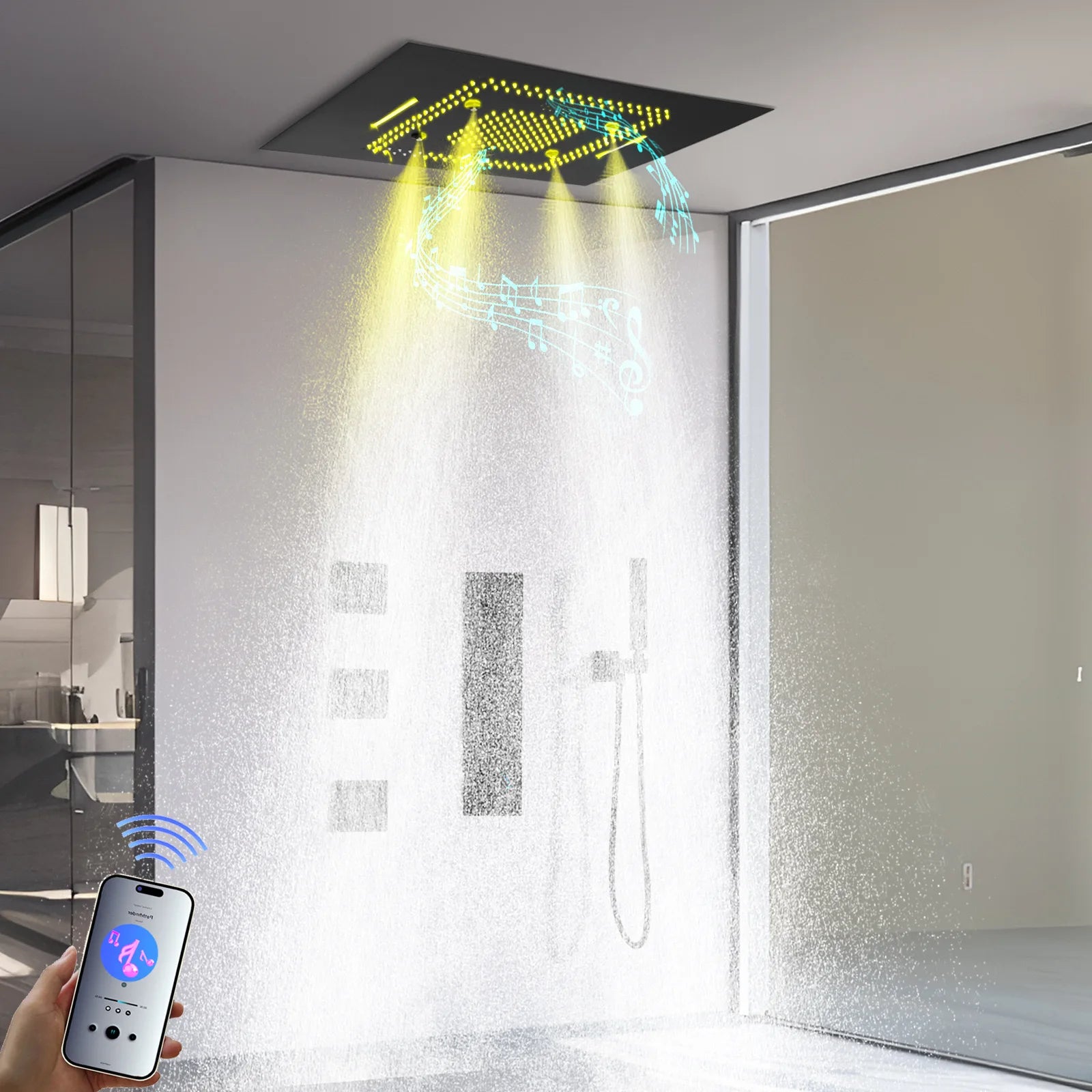 Thermostatic Shower System LED Music Rainfall Waterfall Shower  System Ceiling Mount Multi Function Rain Shower Faucet Set