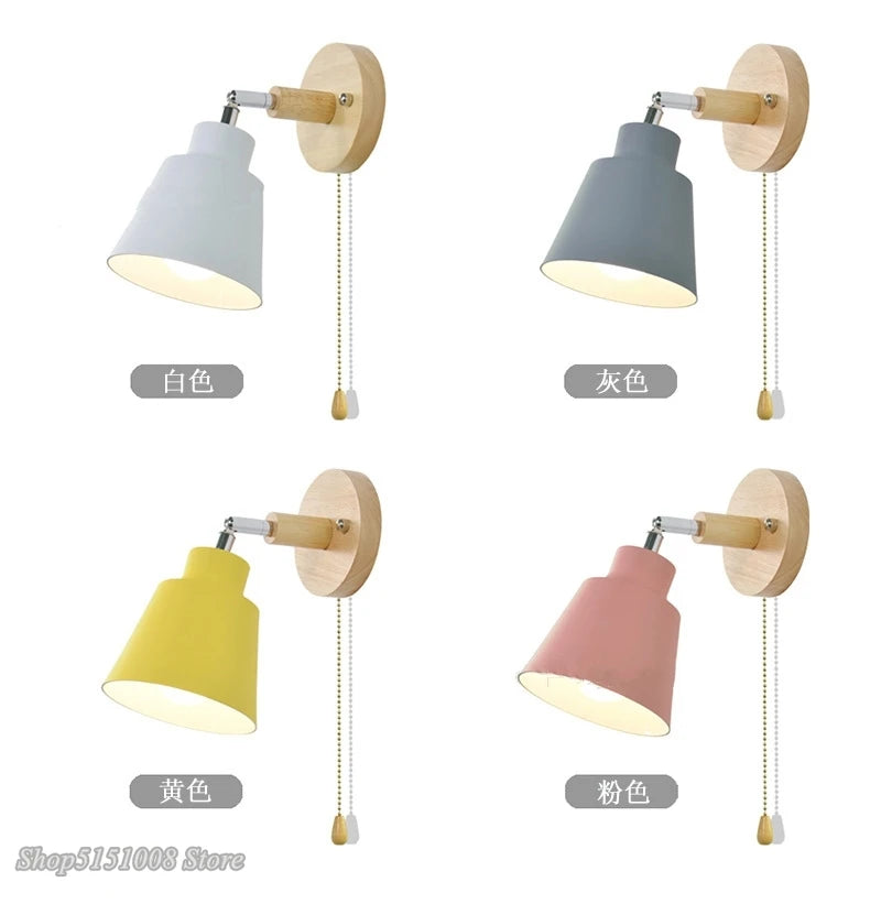 Nordic wooden wall lights with Zipper switch sconce modern wall lamp bedroom bedside lamp macaroon wall sconce Freely rotatable