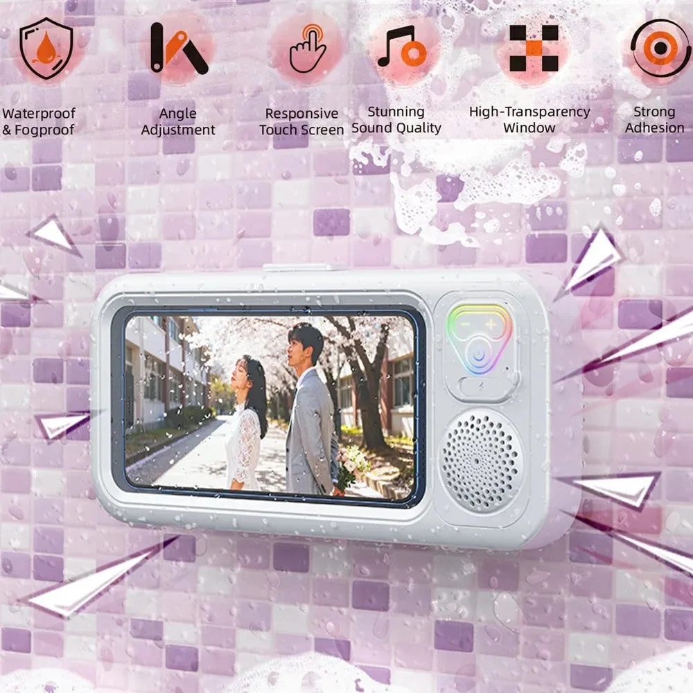 Waterproof BT  Speaker Mobile Phone Case Holder Anti-Fog Touch Screen 360 Rotation for Shower Bathroom  Kitchen Swim Universal