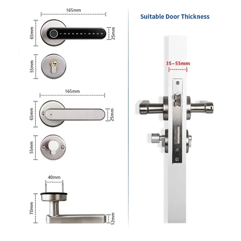 Double Locking Tabs Zinc Alloy Tuya BLE IC Card Fingerprint Keyless Handle Smart Door Lock Silver for Room