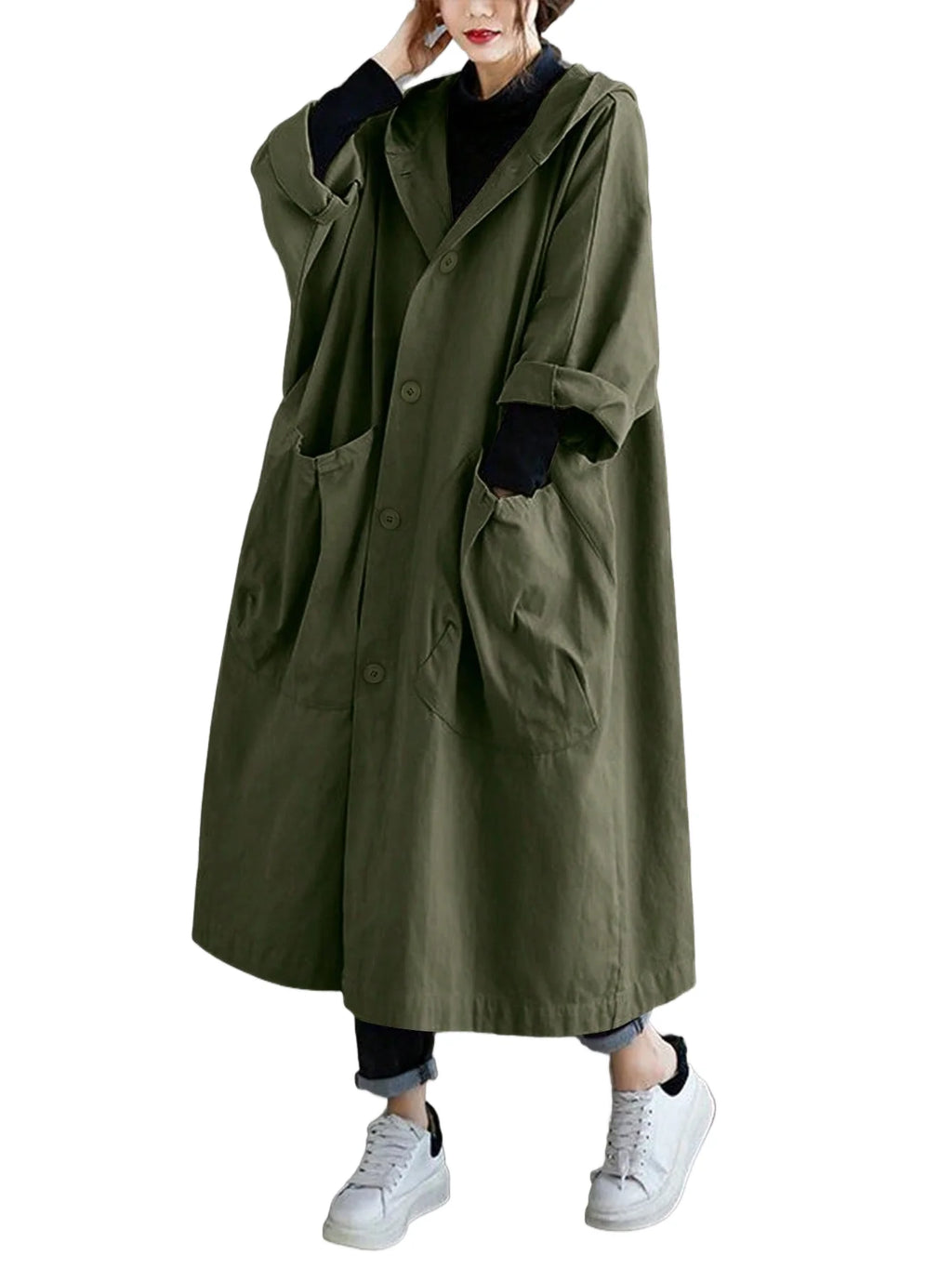 2026 Women's High-quality Spring Elegant Solid-color Loose Single-button Warm and Windproof Coat Hooded Casual Coats