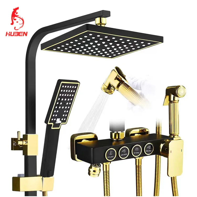 HUBEN Black Gold Button Stainless Steel Ceramic Thermostatic Metered Faucets Single Handle Rainfall Chrome Pressurized Shower