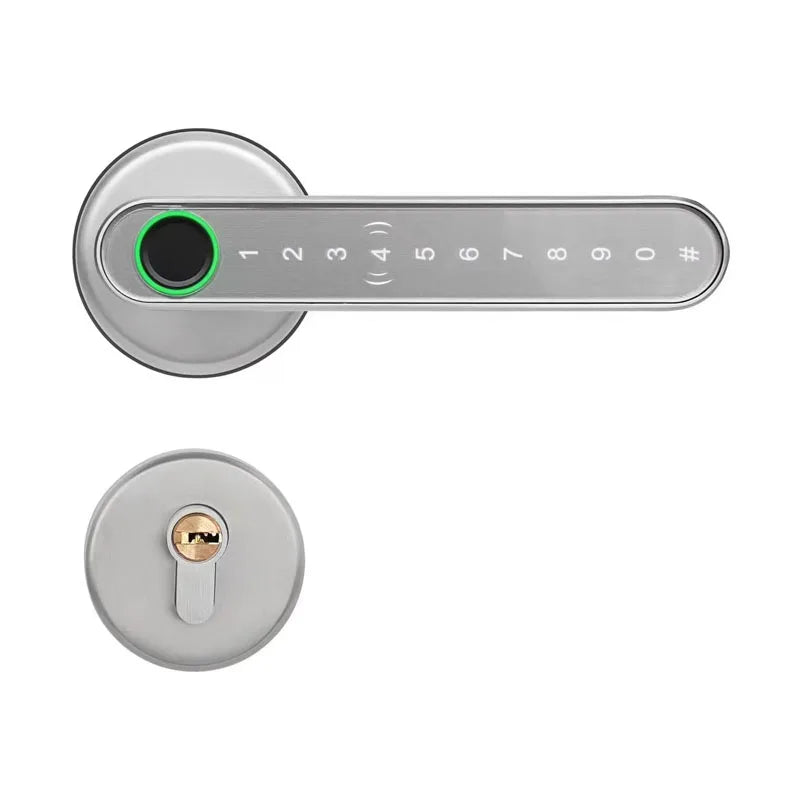 Double Locking Tabs Zinc Alloy Tuya BLE IC Card Fingerprint Keyless Handle Smart Door Lock Silver for Room