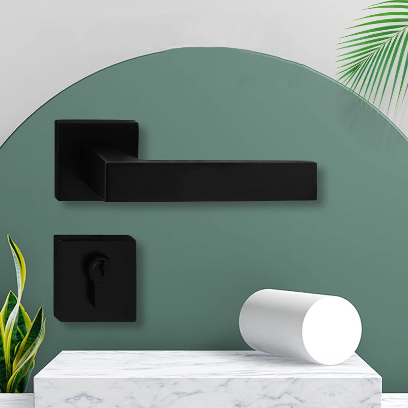 Interior Door Square Tubular Black Handle Lock Modern Wooden Door Pull Silent Lock Zinc Alloy Magnetic Function Door Lock Set