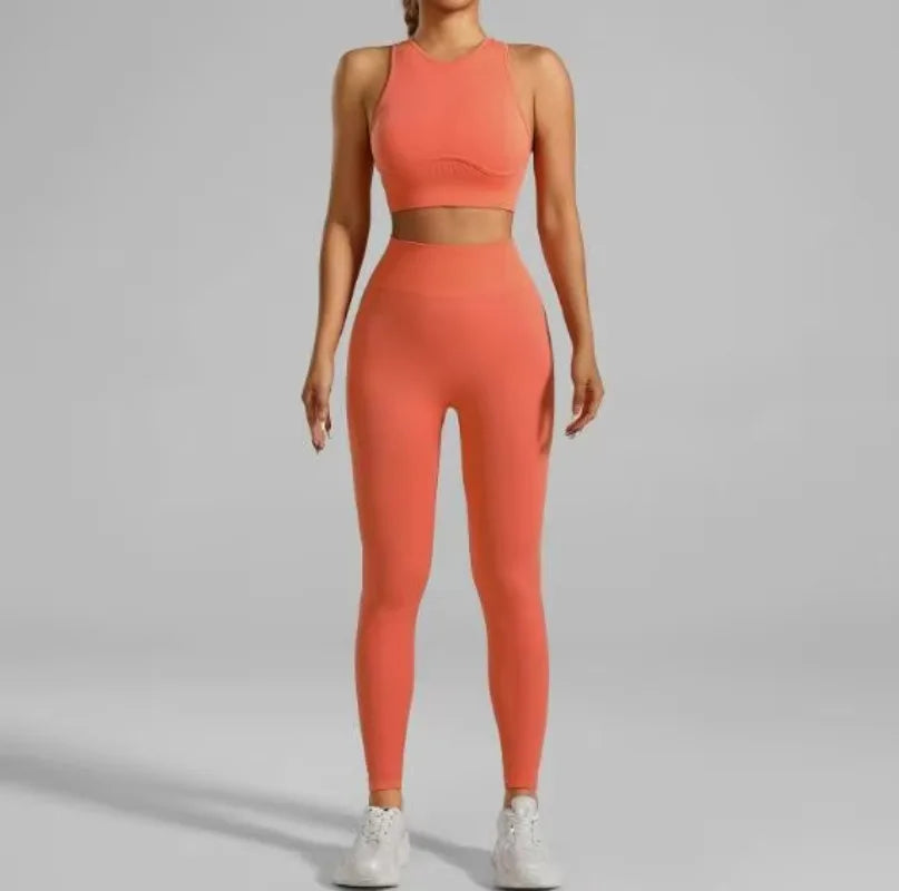 JAC22 XG7138 Women's Seamless Running Fitness Threaded Tank Top Pants Yoga Set