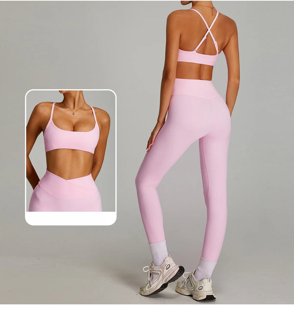 Women Cross Waist Naked Feel Yoga Set High Waist Tight Quick Dry Fitness Suit Outdoor Running Sports Tracksuit