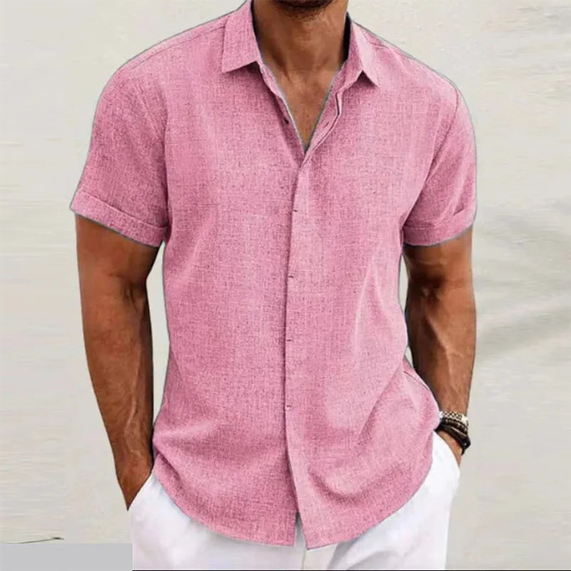 Men's Linen/Cotton Short-Sleeve Loose-Fit Solid Color Beach-Style Plus-Size Shirt Turn-down Collar Beaded Machine Washable