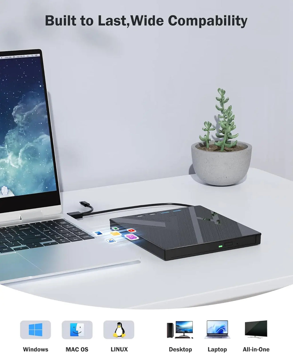 True 7-in-1 HUB External BDXL 100GB Blu-ray Writer BD-RE Drive USB 3.0 Type-C with 2xUSB Ports, SD/TF Reader for Pro Data Backup