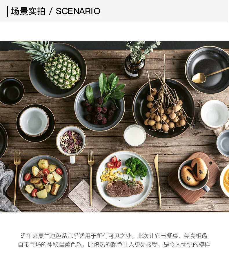LingAo-Nordic Style Ceramic Household Bowl, Plate, Dish, Chopsticks, Tableware Combination Set