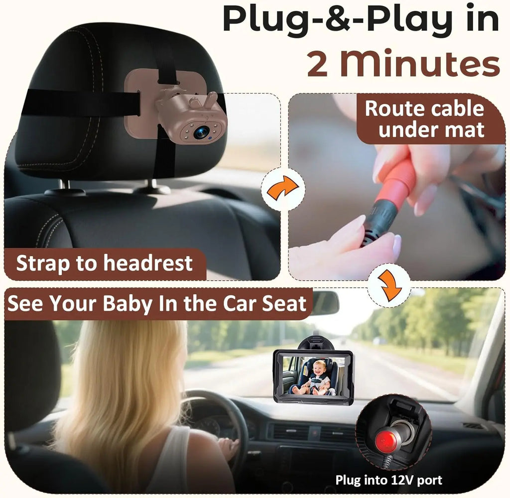 Brown Baby Car Camera Waterproof 1080P Easy Install Clear Night Vision 2Mins Plug-Play 360 Rotation Rear Facing Monitor