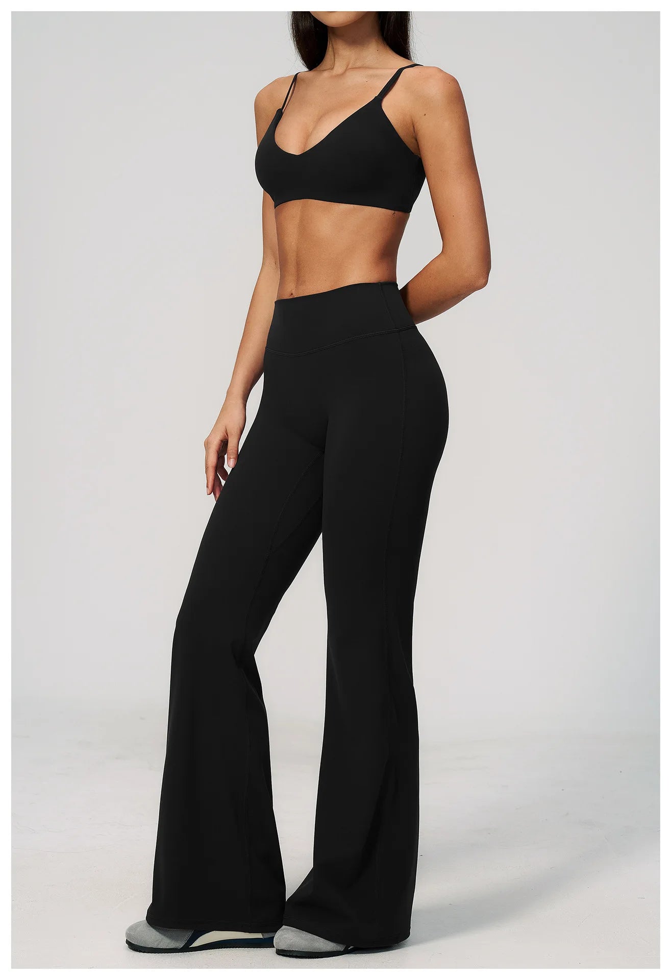 Textured Spandex/Nylon Workout Clothes Soft Sportswear Set Deep V-Neck High-Waisted Tummy-Control Solid Sweat-Wicking Two-Piece