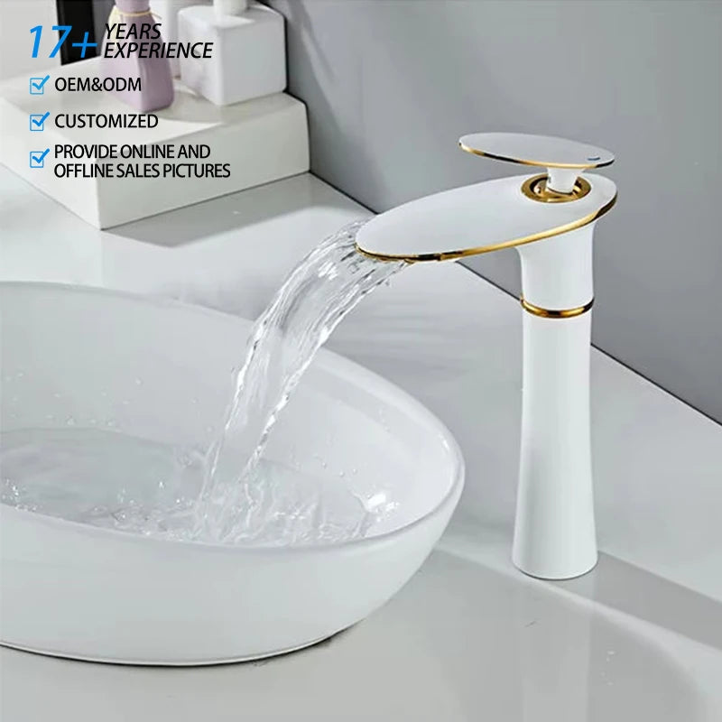Modern Brass Chrome Finish Deck Mounted 1-Hole Single Handle Waterfall Spout Bathroom Sink Faucet with Ceramic Valve Core