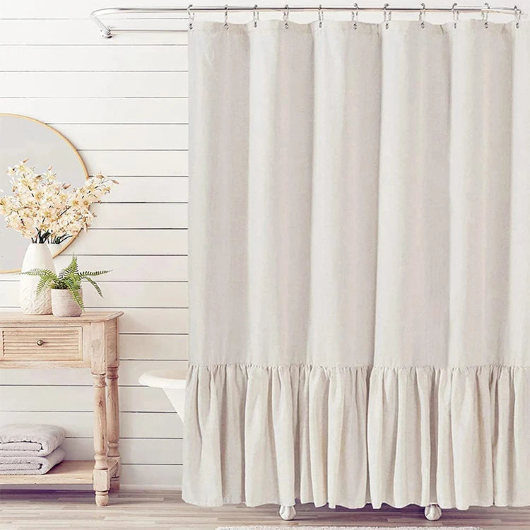 Beige 72x72 Inch French Country Linen Blend Ruffle Shower Curtain for Bathroom