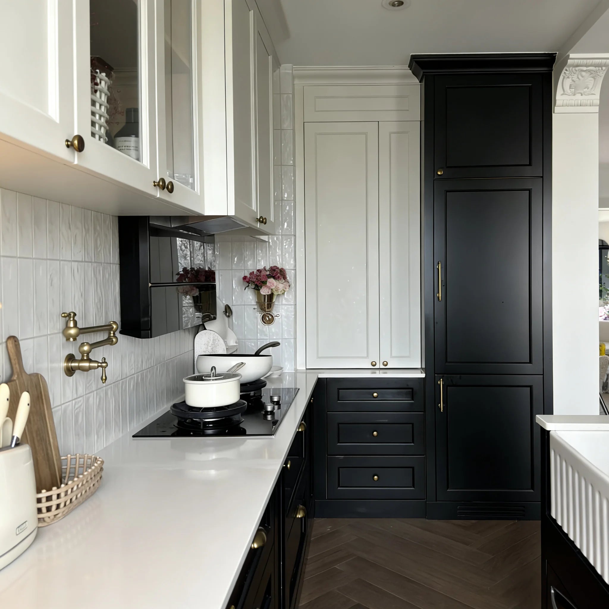 Custom Matte Dark Grey Handleless L Shape Kitchen Cabinets Modern Minimalist Flat Panel With  Countertop for Villa Apartment